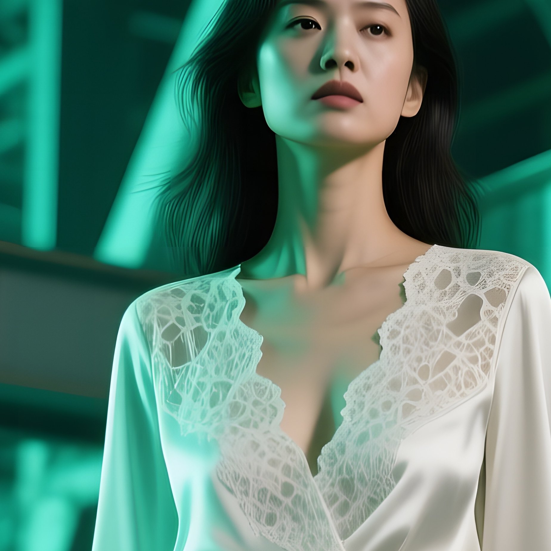 Steel Structures And Soft Mako Green Light Surround Her - Full Resolution Quality Preview