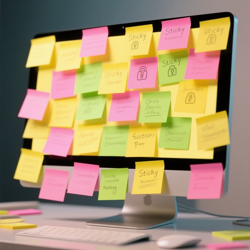 Sticky Note Art: A Computer Monitor Completely Framed By Yellow, Pink, And Green Sticky Notes Containing Passwords And Reminders.
