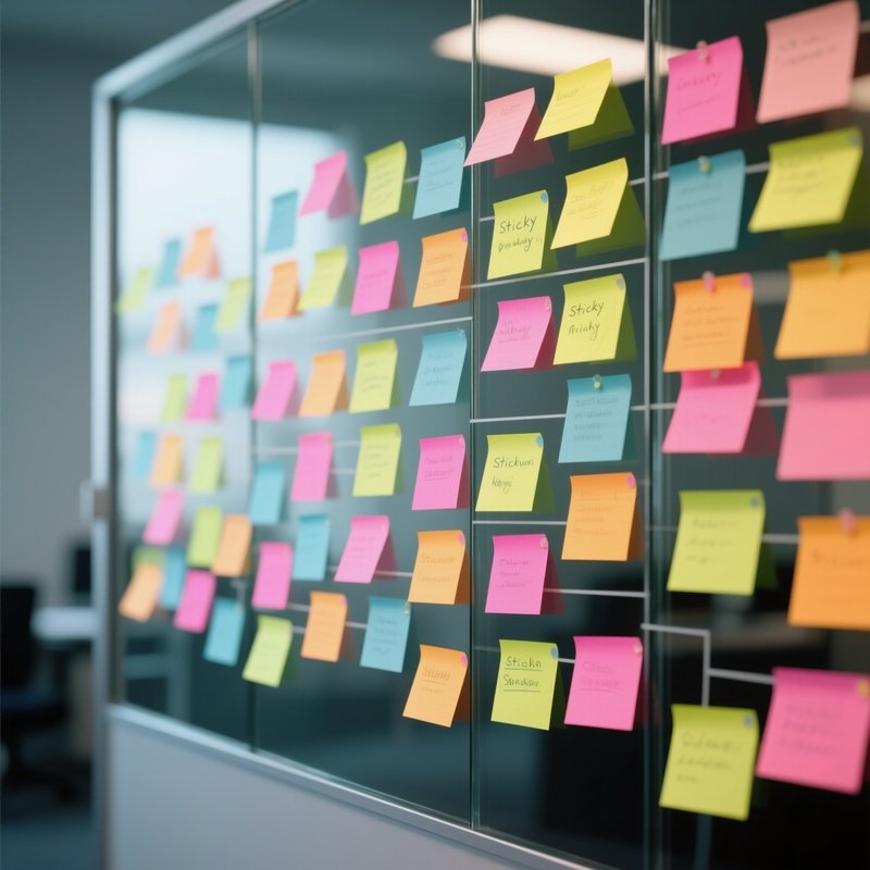Sticky Notes: A Glass Wall Completely Covered In Colorful Sticky Notes Arranged In A Kanban Workflow Pattern.