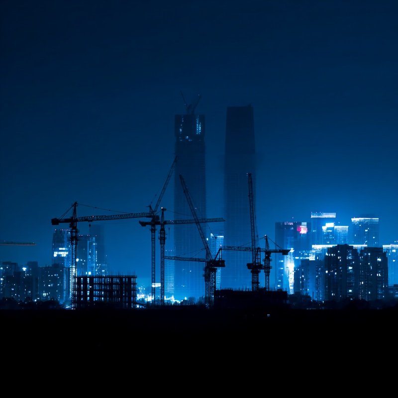 Still Life Night City Skyline With Cranes And Unfinished Towers