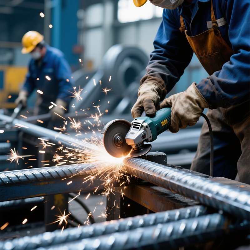 Still Life Photorealistic Workers Cutting Steel Rods
