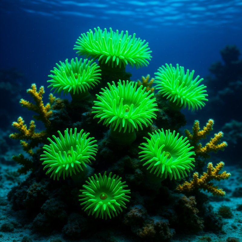 Still Life Underwater Coral Reef Neon Green Anemones
