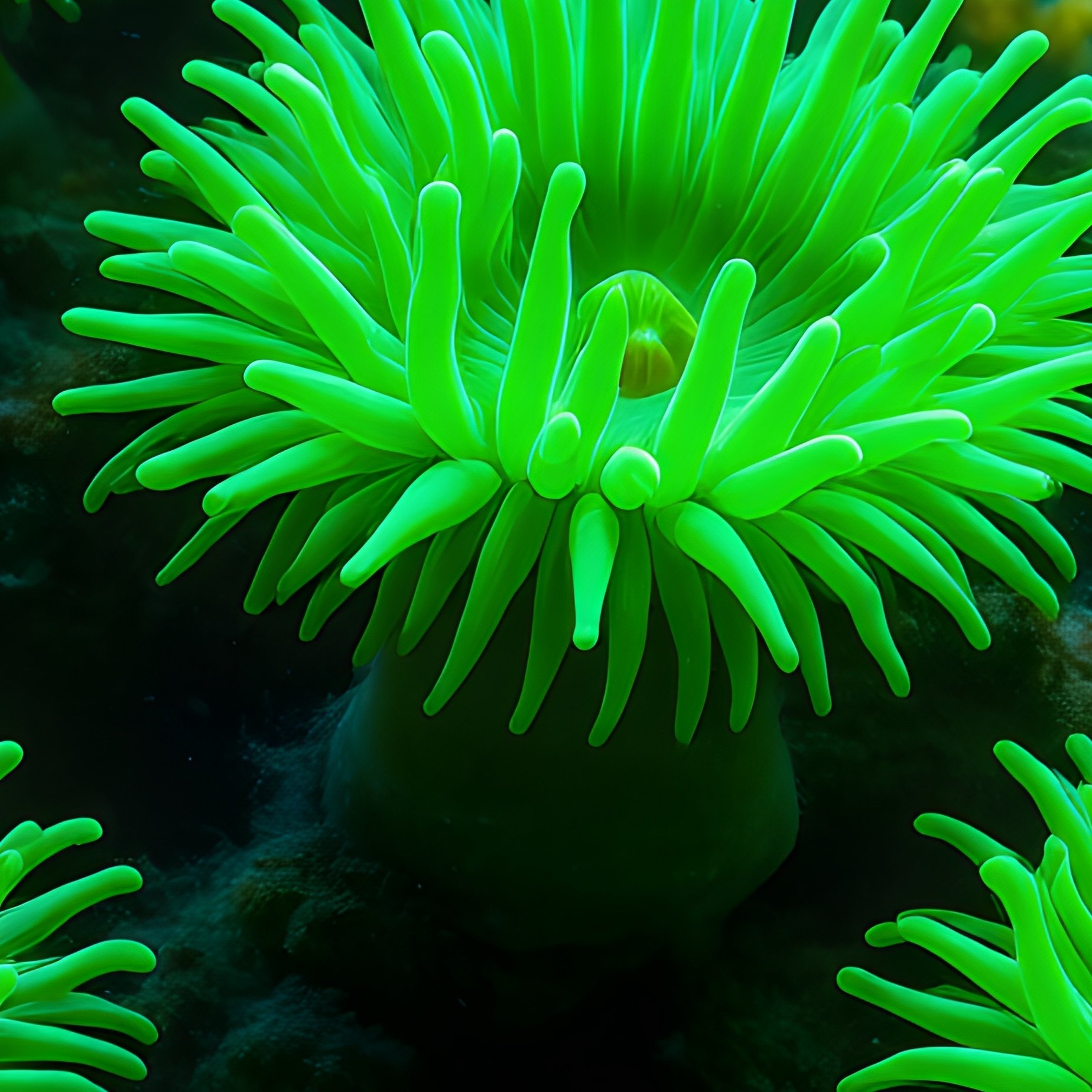 Still Life Underwater Coral Reef Neon Green Anemones - Full Resolution Quality Preview