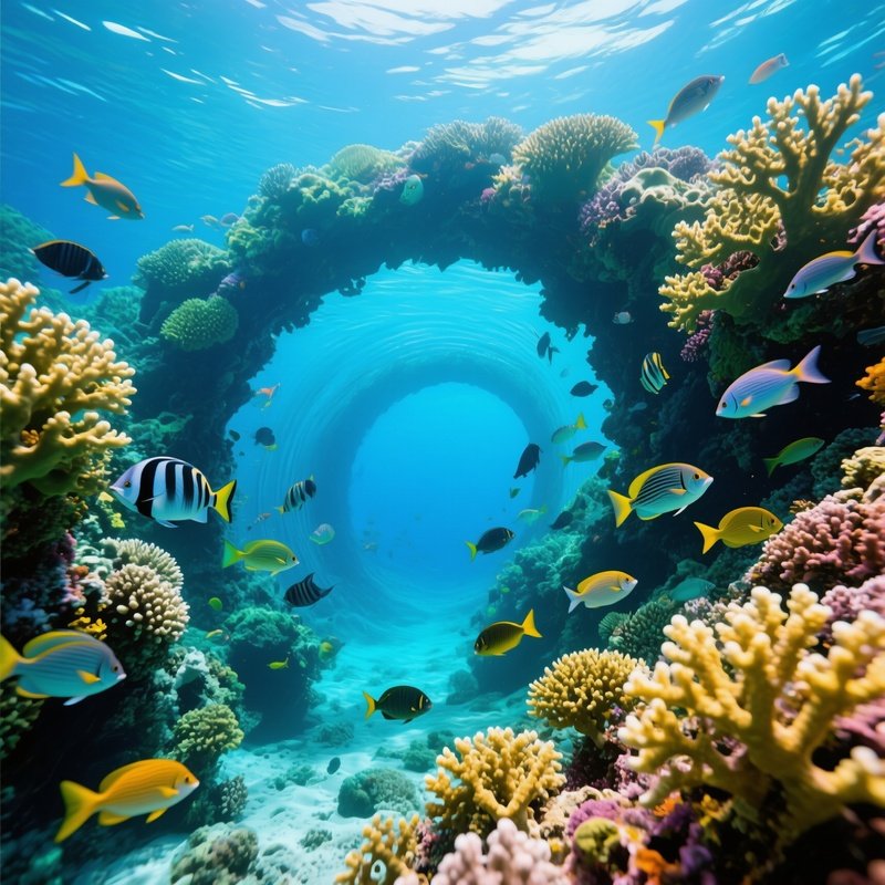 Still Life Underwater Coral Tunnel With Fish Rainbow Spiral