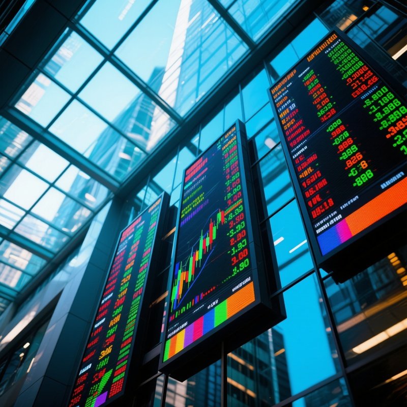 Stock Market Ticker Boards Under Glass Ceiling