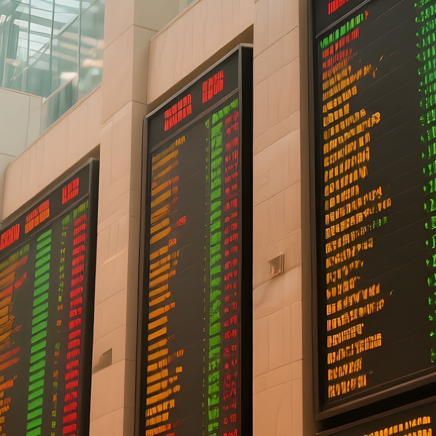 Stock Market Ticker Boards Under Glass Ceiling - Full Resolution Quality Preview