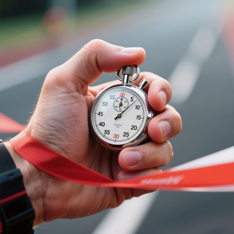 Stopwatch: A Silver Stopwatch In A Runner'S Hand, Thumb Pressing The Button, Capturing The Precise Moment Of Finishing, Symbolizing Efficiency.