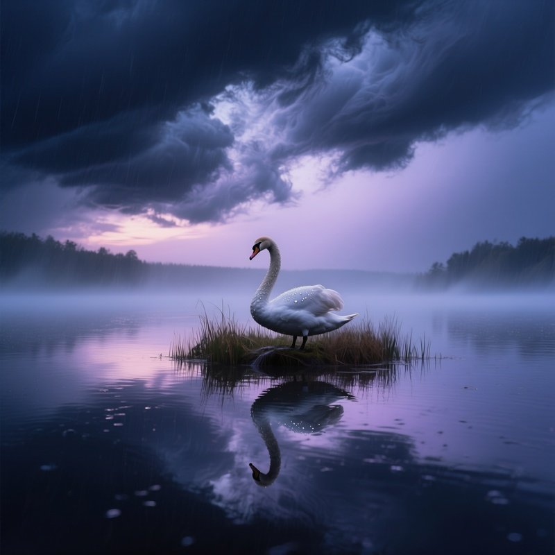Stormy Sky Swans Island Mist Lake Dusk