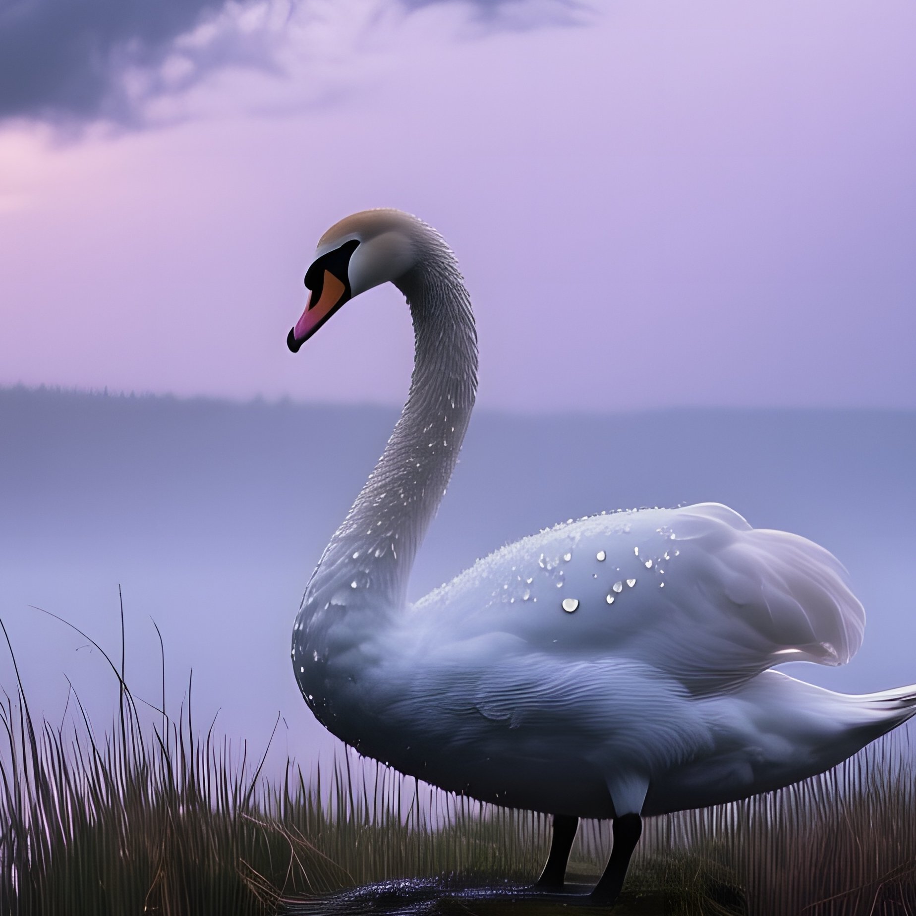 Stormy Sky Swans Island Mist Lake Dusk - Full Resolution Quality Preview