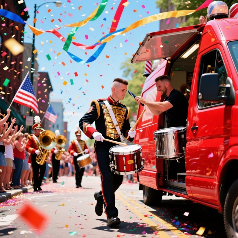 Street Festival Parade With Confetti And Mobile Barber