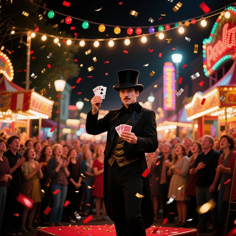 Street Magician Card Trick Carnival Lights Confetti