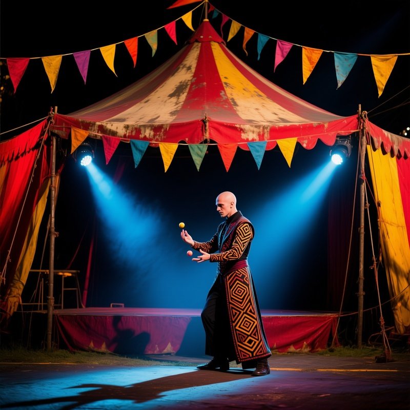 Street Magician With Shaved Design Under Carnival Tent