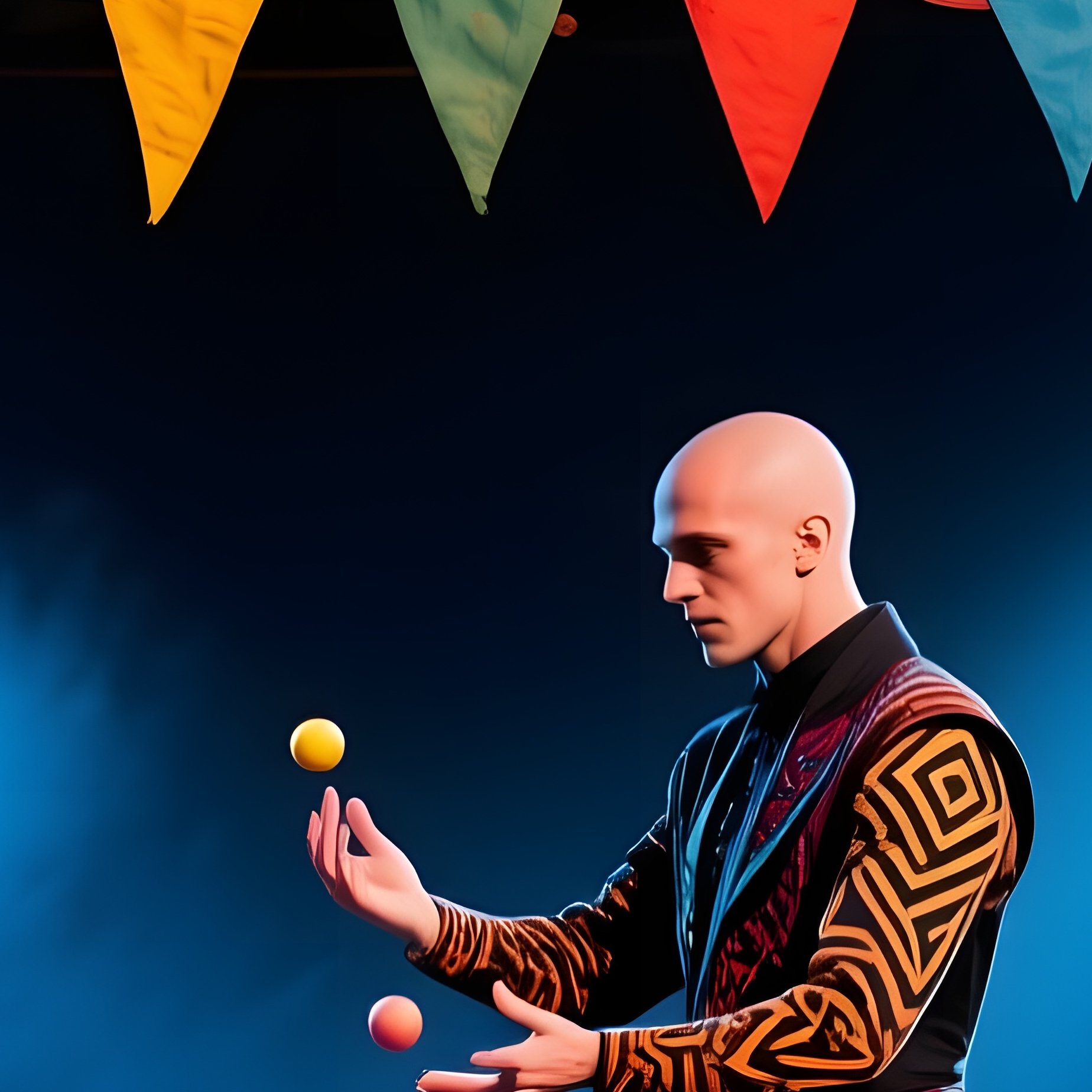 Street Magician With Shaved Design Under Carnival Tent - Full Resolution Quality Preview