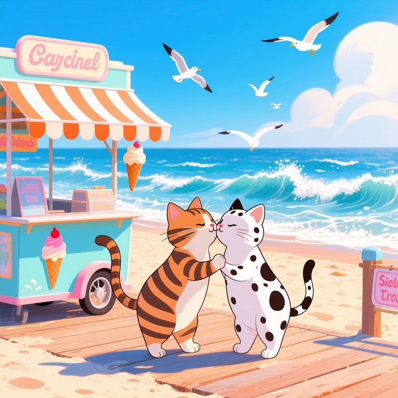 Striped Cat Kisses Spotted Cat Beach Boardwalk