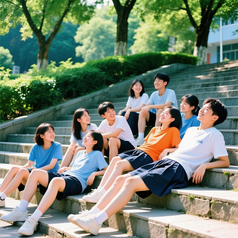 Students Relaxing On Steps