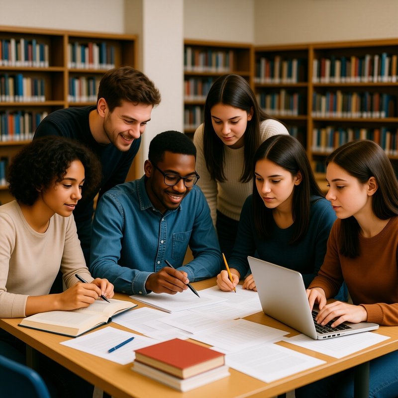 Students Working On Group Project In Library