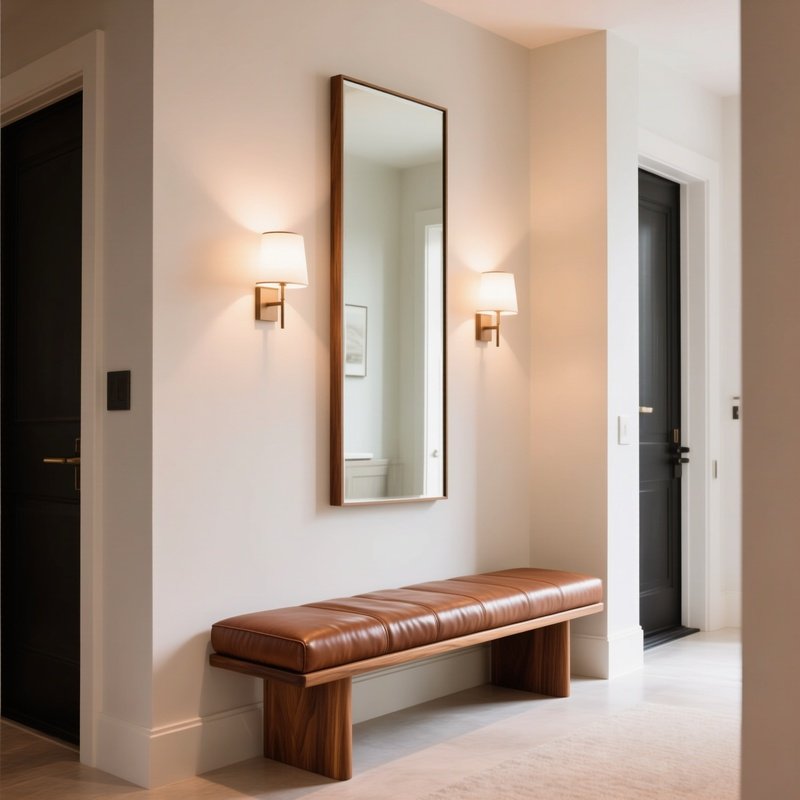 Stylish Entryway Leather Bench Mirror Lighting
