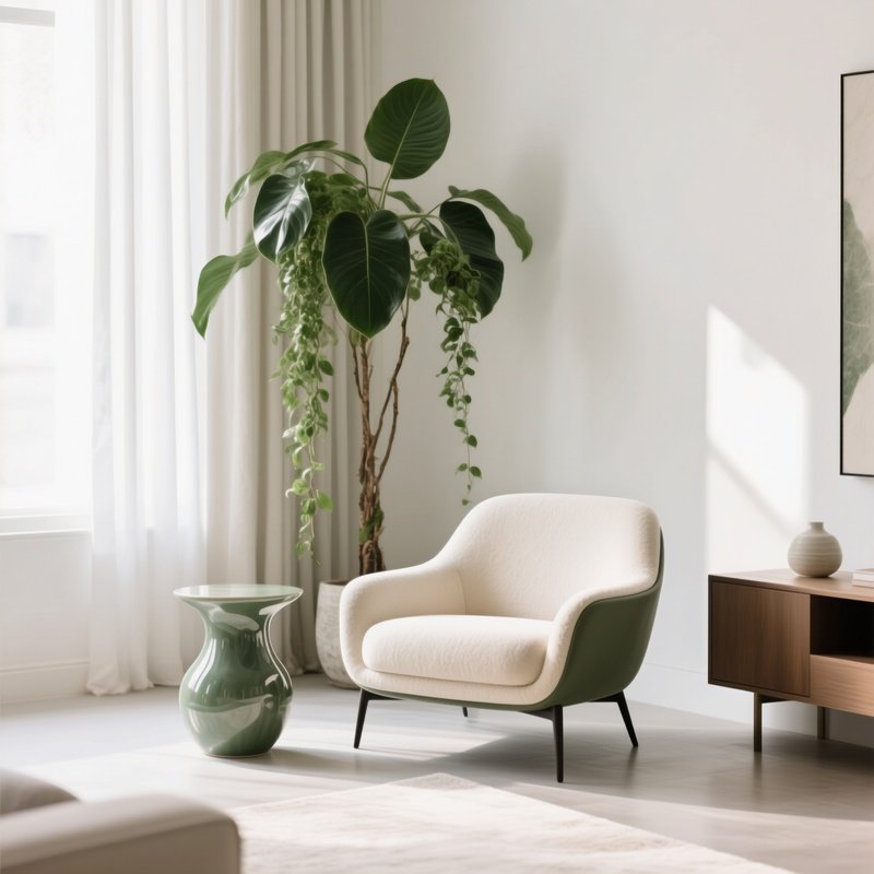Stylish Living Room Corner With Designer Armchair Ceramic Side Table And Tall Indoor Plant