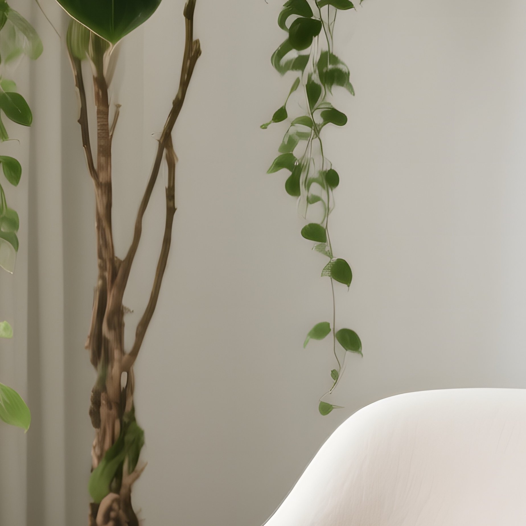 Stylish Living Room Corner With Designer Armchair Ceramic Side Table And Tall Indoor Plant - Full Resolution Quality Preview