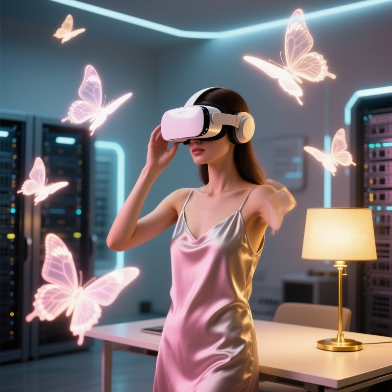Stylish Woman With Vr Headset And Digital Butterflies