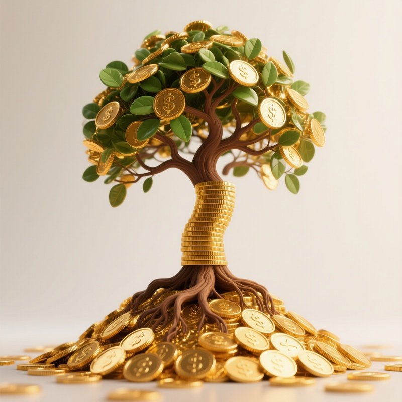 Stylized Tree Growing Out Of Gold Coins Representing Investment