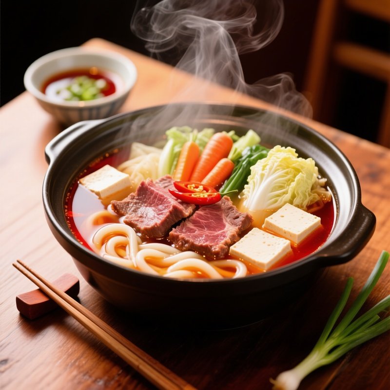 Sukiyaki Thin Beef Simmered With Vegetables Tofu Noodles In Sweet Soy Broth
