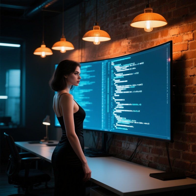 Sultry Coder Watching Code On Oled Screen