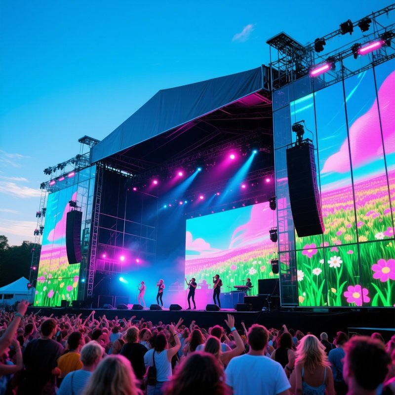 Summer Music Festival Stage With Led Glass Backdrop