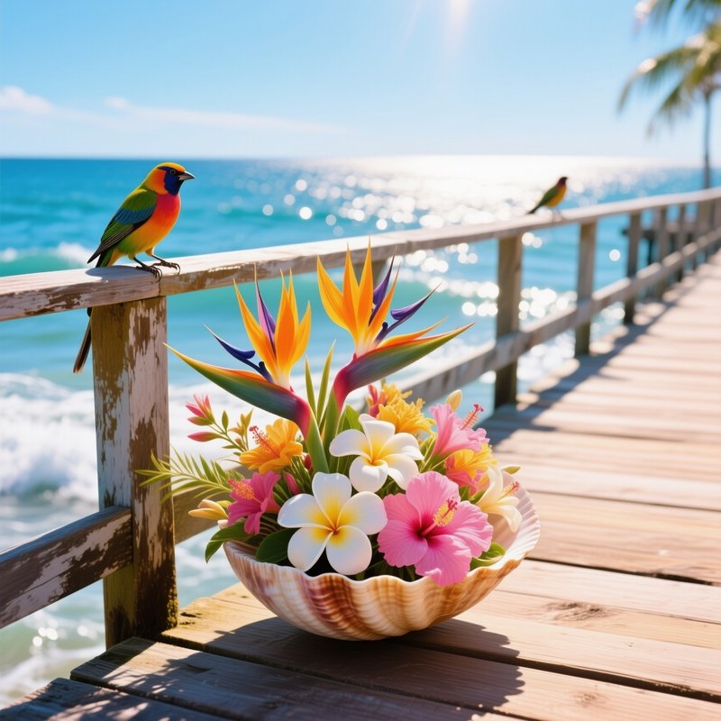 Sun Drenched Beachside Pier At Noon With Tropical Flowers And Birds Of Paradise