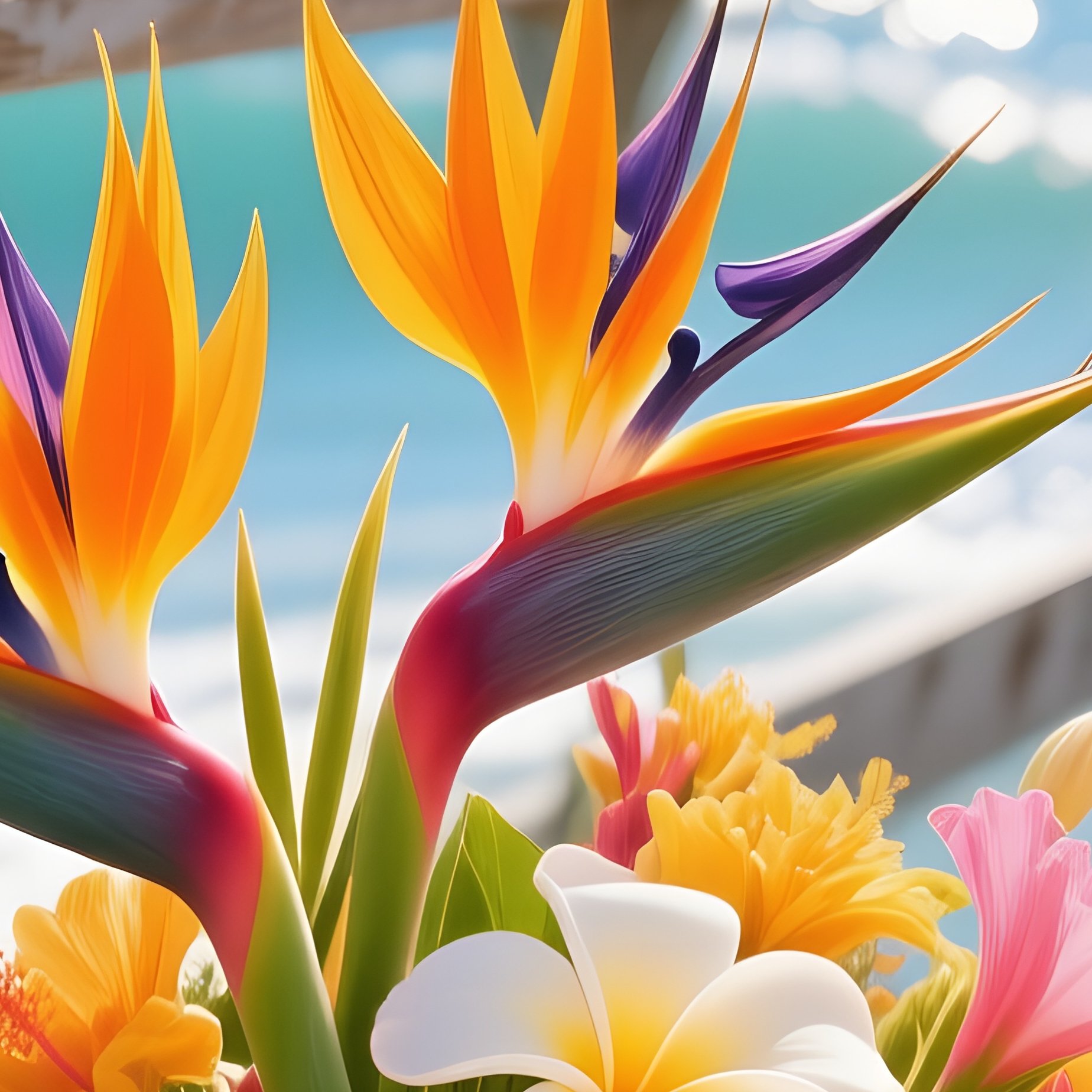 Sun Drenched Beachside Pier At Noon With Tropical Flowers And Birds Of Paradise - Full Resolution Quality Preview
