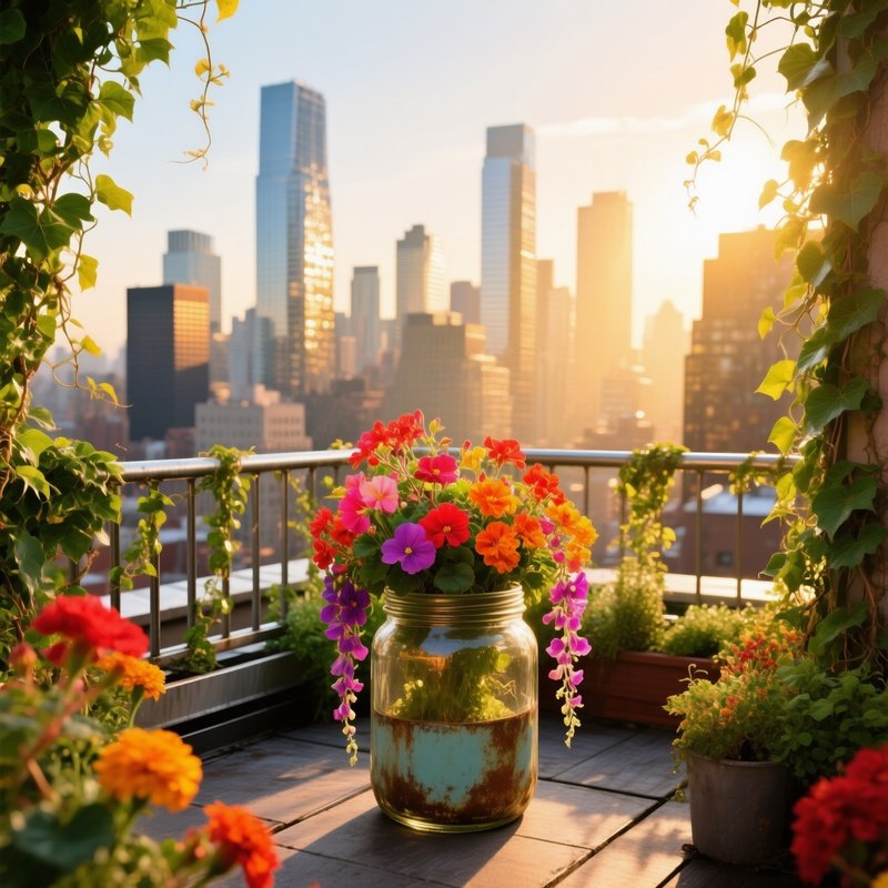 Sun Drenched Rooftop Garden In Bustling City