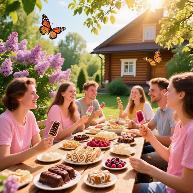 Sun Drenched Summer Garden With Friends And Ice Cream