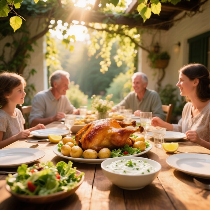 Sunday Feast Family Table Roast Lemon Potatoes Salad Tzatziki Vine Leaves