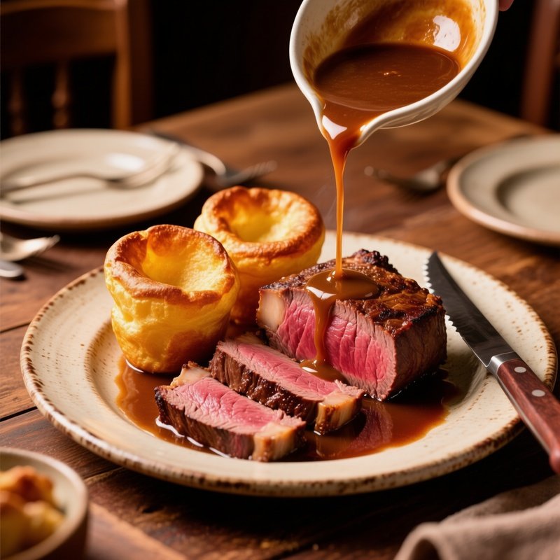 Sunday Roast Beef British Sunday Roast Medium Rare Rib Beef Sliced Thin Yorkshire Puddings Gravy