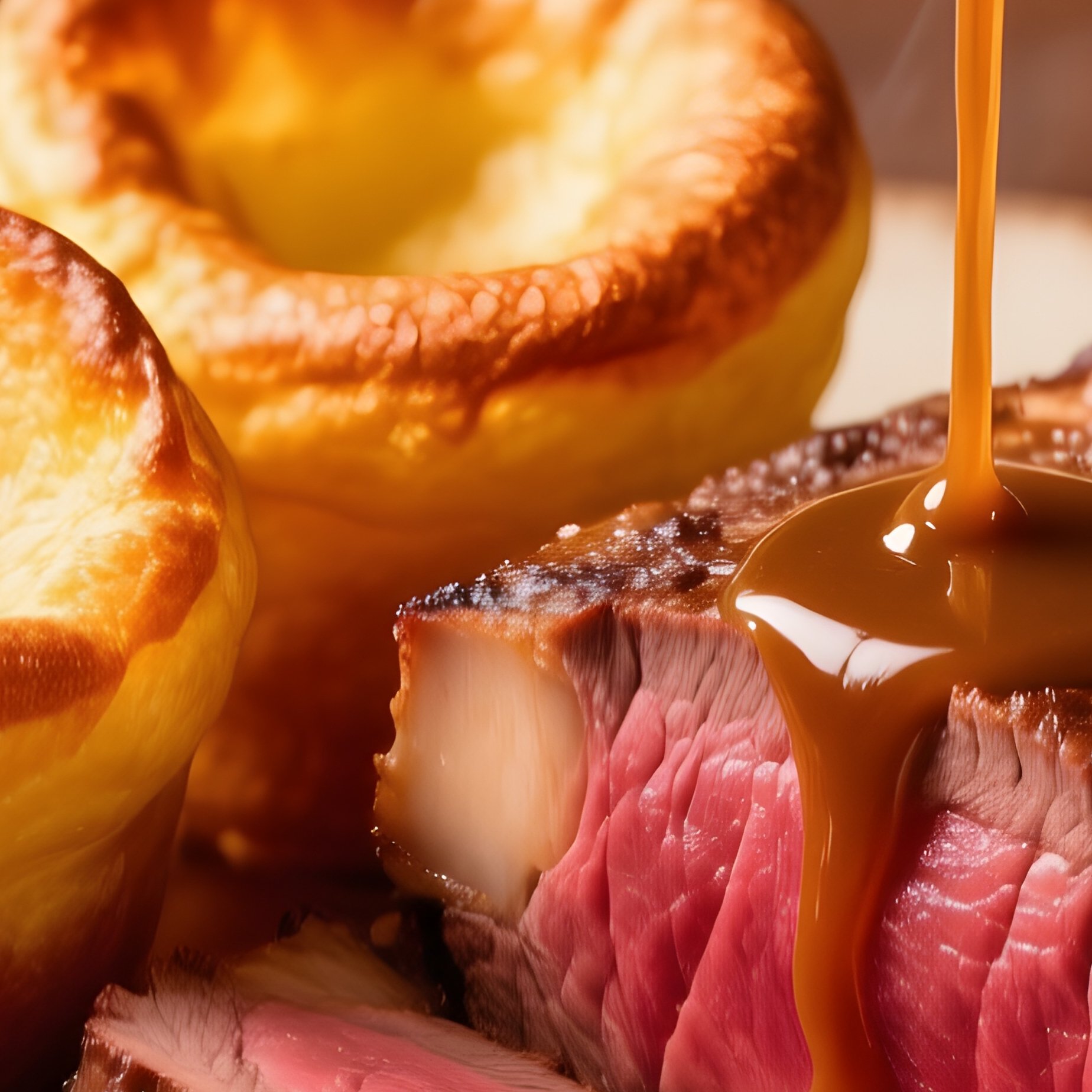 Sunday Roast Beef British Sunday Roast Medium Rare Rib Beef Sliced Thin Yorkshire Puddings Gravy - Full Resolution Quality Preview