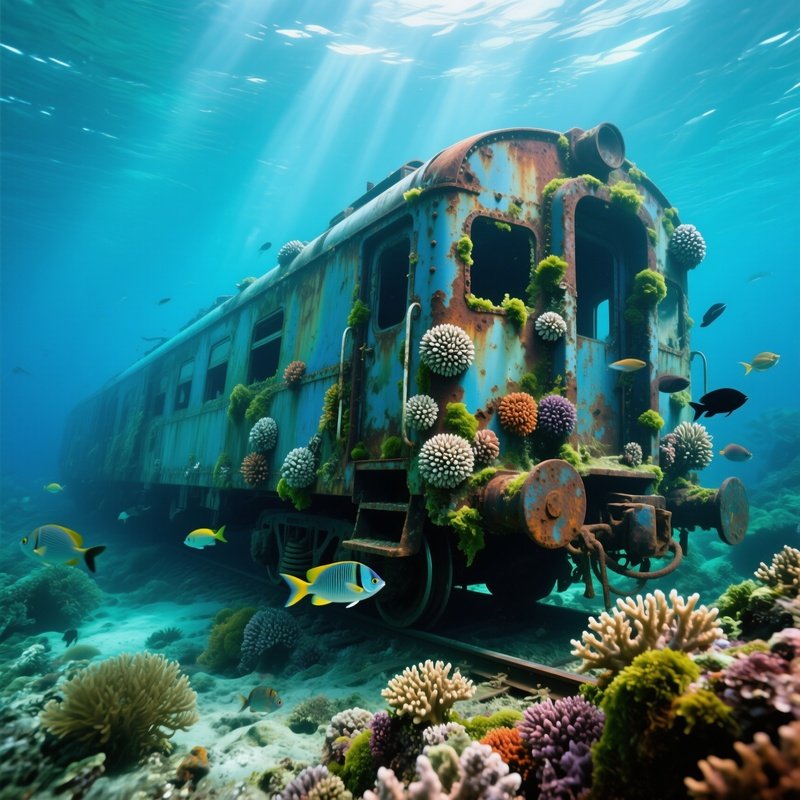 Sunken Train Artificial Reef Underwater