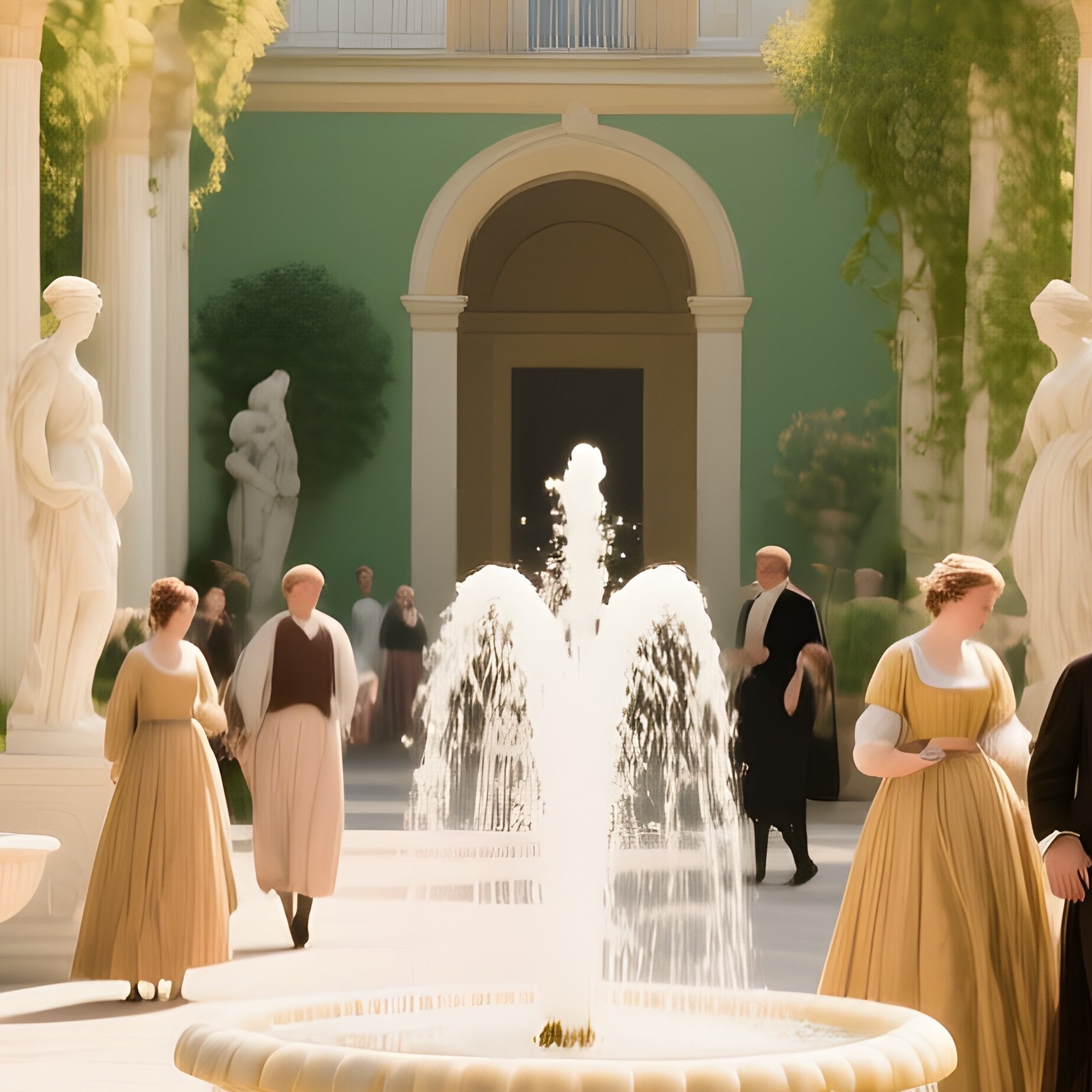 Sunlit Courtyard With Marble Statues Fountains And Guests - Full Resolution Quality Preview