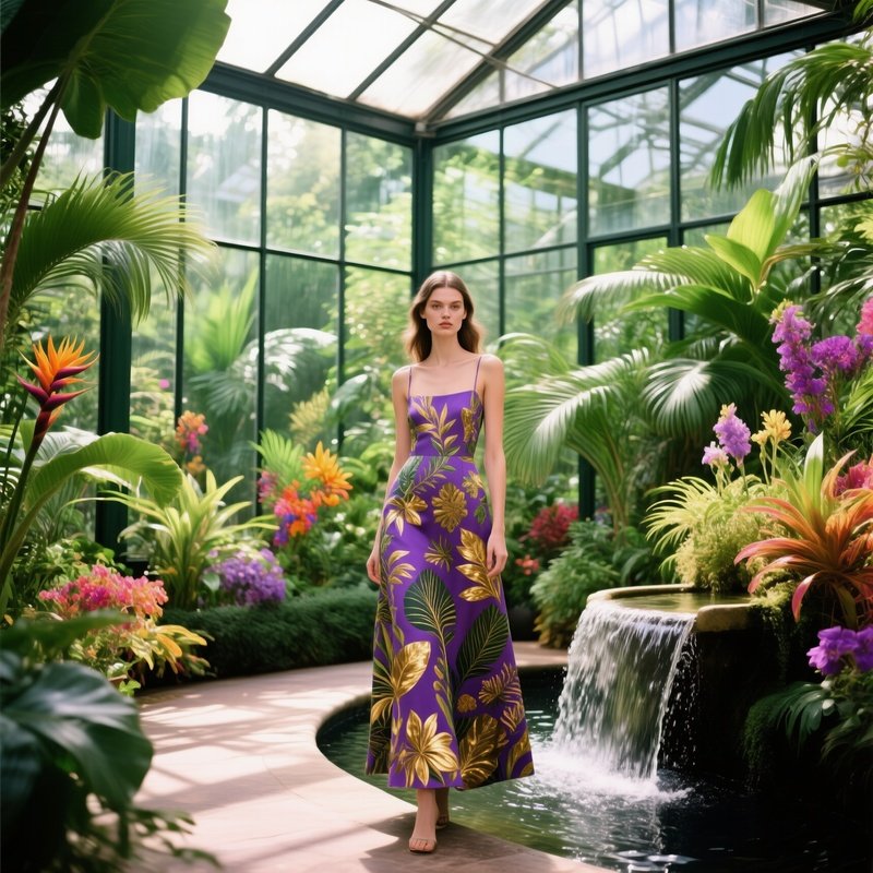Sunlit Greenhouse Tropical Plants Model Botanical Dress Water Feature