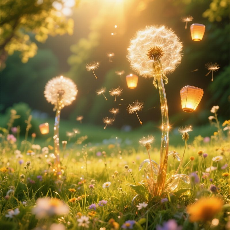 Sunlit Meadow Glass Dandelions Spores Lanterns