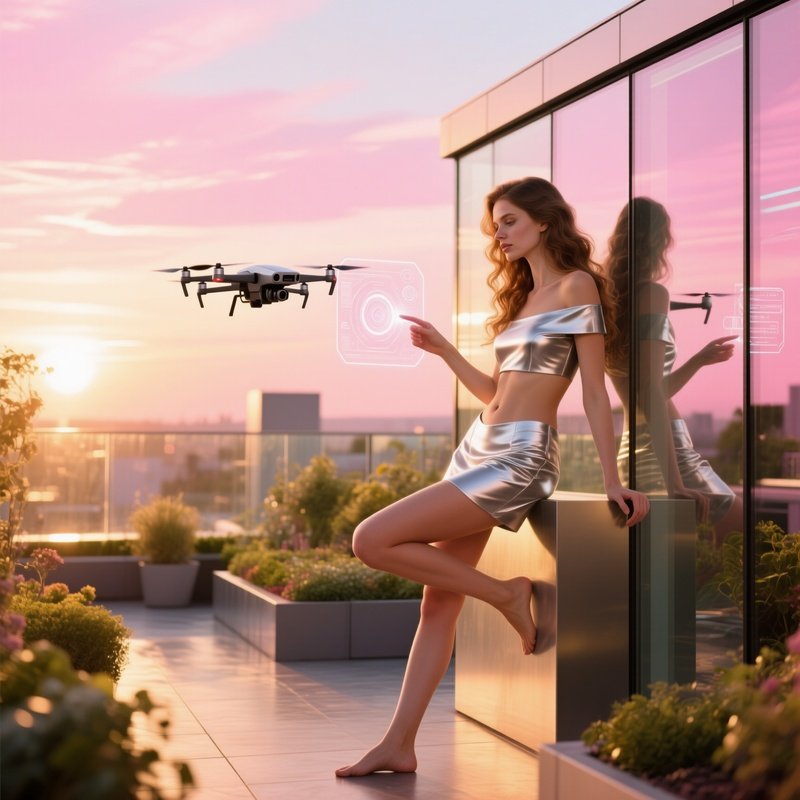 Sunlit Rooftop Garden Golden Hour Woman Drone Hologram