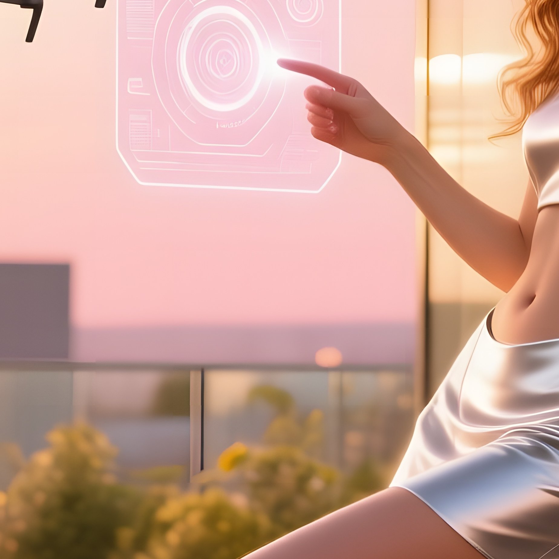 Sunlit Rooftop Garden Golden Hour Woman Drone Hologram - Full Resolution Quality Preview