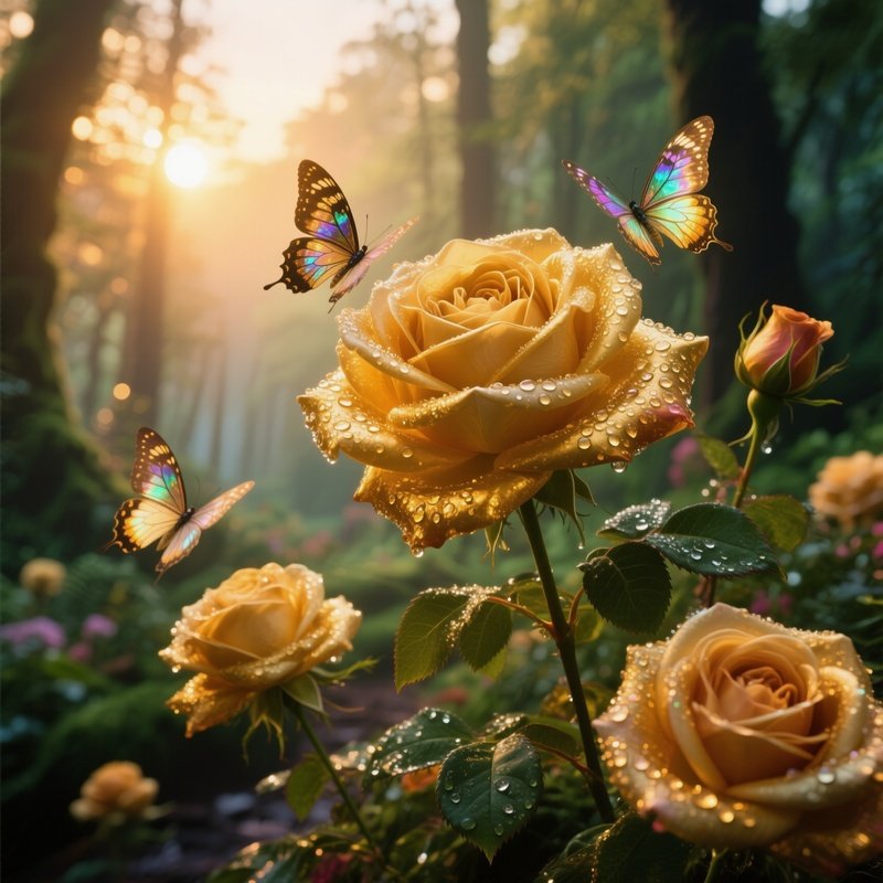 Sunrise In Hidden Forest Garden Giant Gold Roses Dew Butterflies