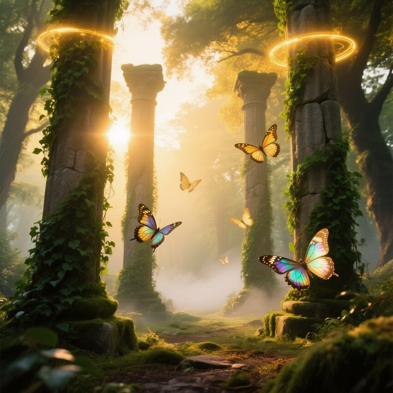 Sunrise In Hidden Glade With Ancient Pillars And Butterflies