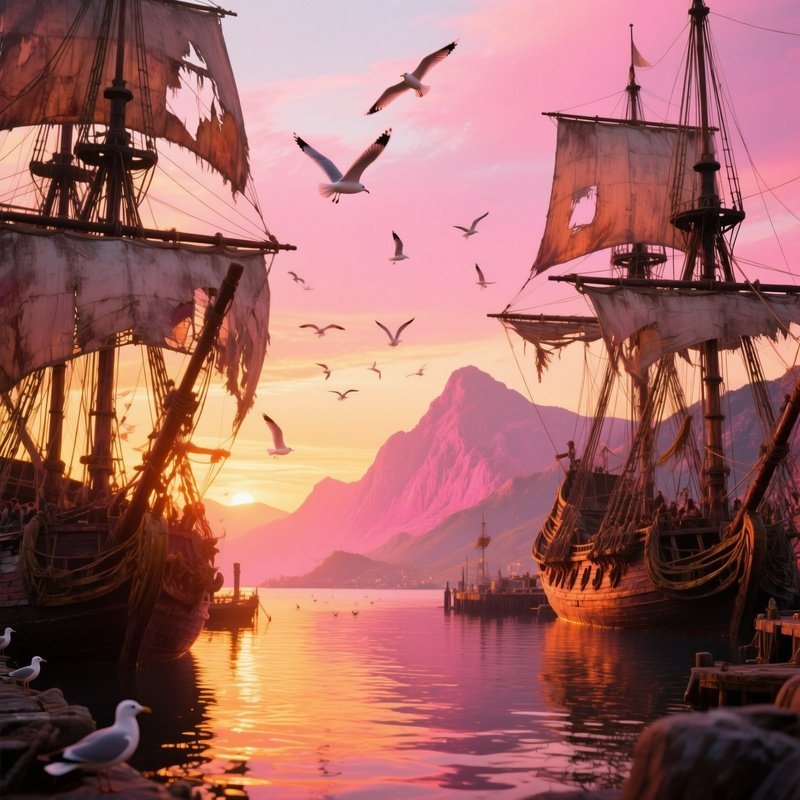 Sunrise Over Bustling Harbor Pirate Schooners