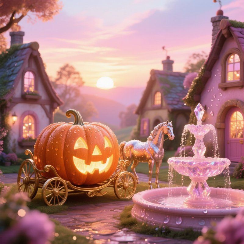 Sunrise Over Fairy Tale Village Cinderella Pumpkin Carriage