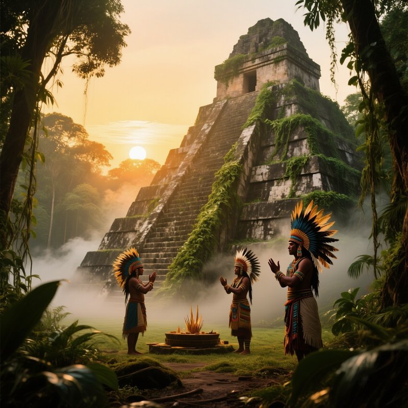 Sunrise Over Mayan Pyramid With Priests