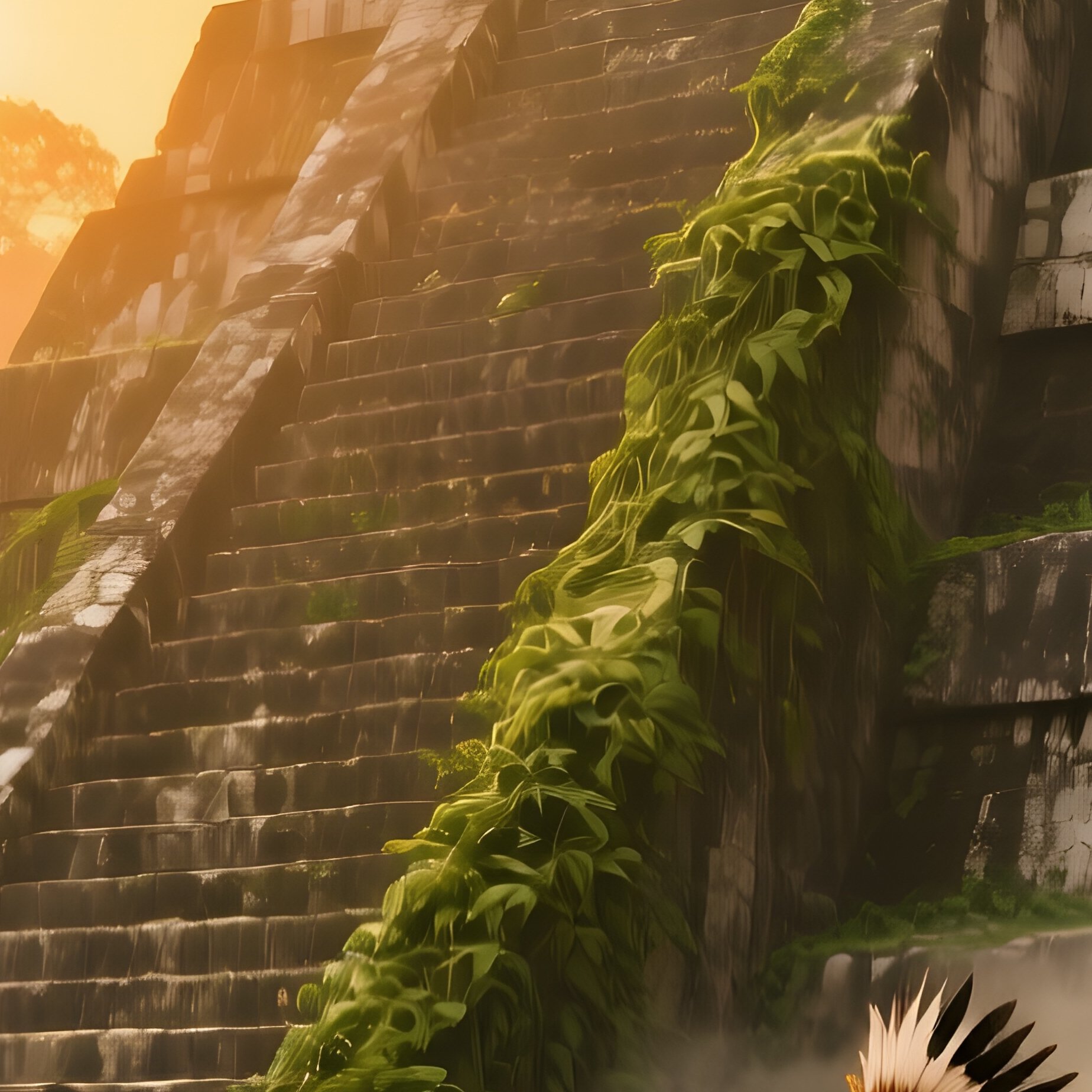 Sunrise Over Mayan Pyramid With Priests - Full Resolution Quality Preview