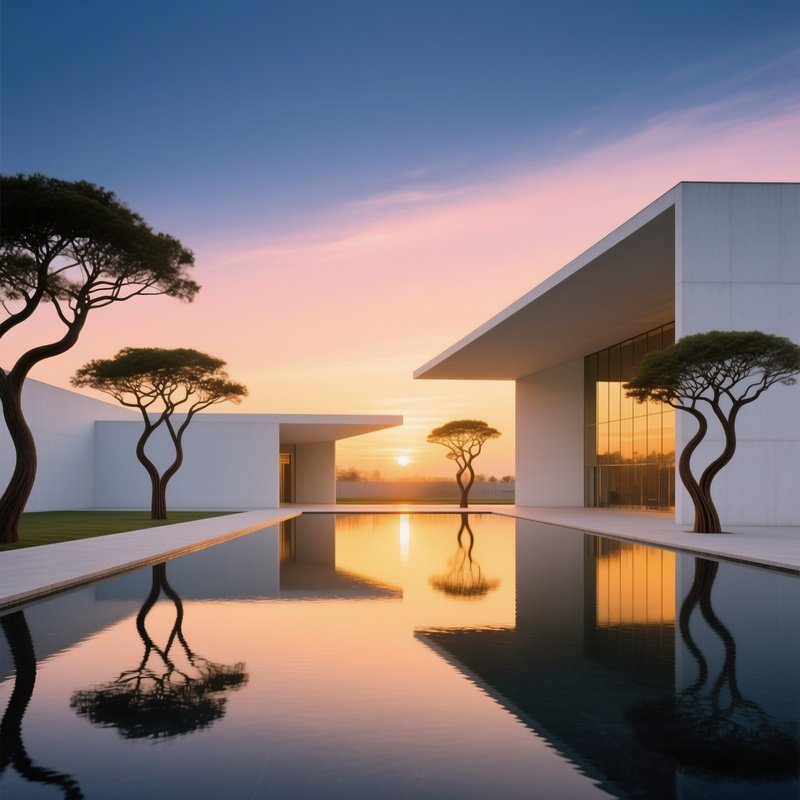 Sunrise Over Minimalist Museum With Reflection