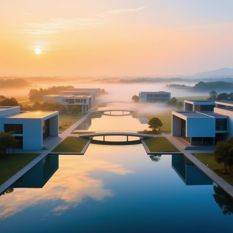 Sunrise Over Modernist Campus With Interconnected Pavilions And Reflective Pools Mist Hovering