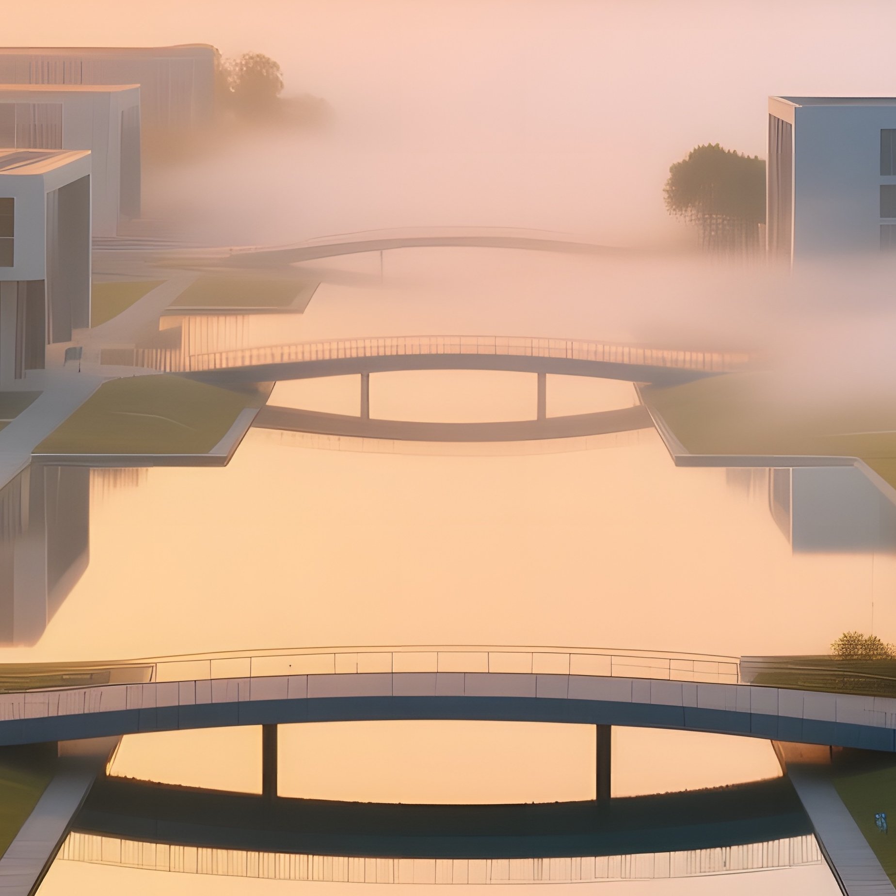Sunrise Over Modernist Campus With Interconnected Pavilions And Reflective Pools Mist Hovering - Full Resolution Quality Preview